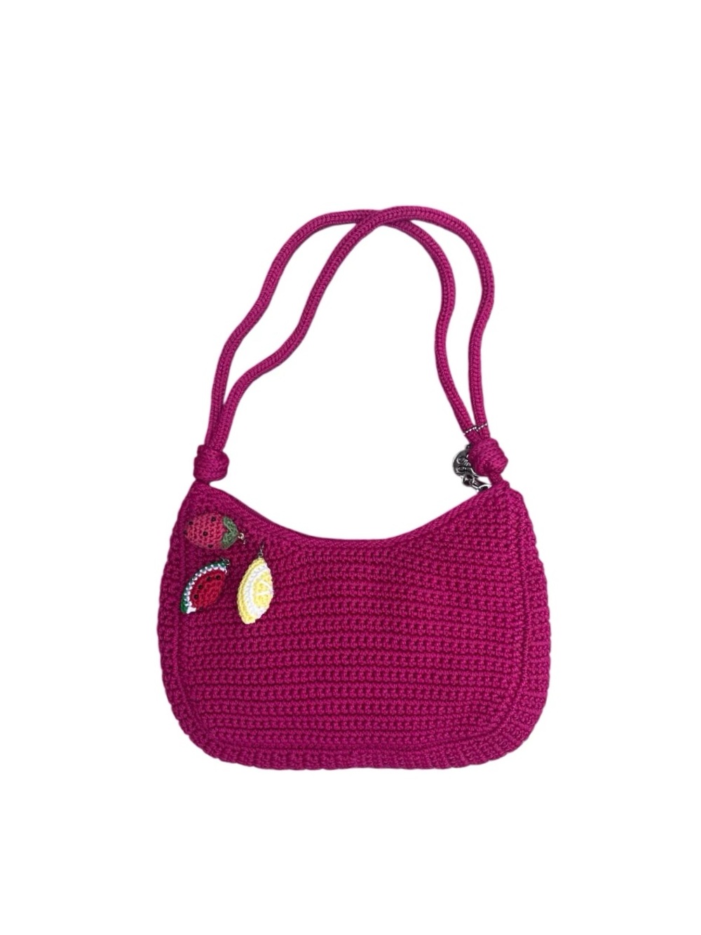 The Sak Fuchsia Magenta Crochet Crescent Hobo Shoulder Bag with Fruit Charms